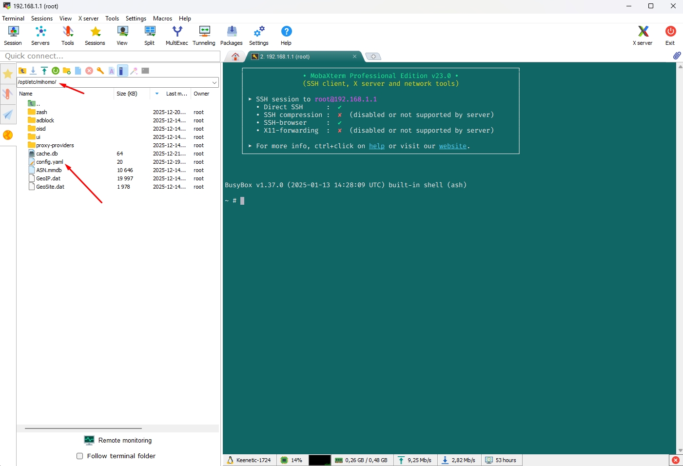 Копирование файла config.yaml через MobaXterm